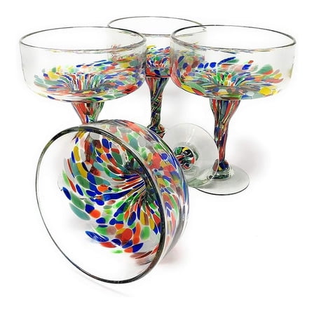 Hand Blown Margarita Glasses – Set of 4 Confetti Carmen – 16oz Mexican Glassware – Authentic Cocktail Glasses – Handmade Recycled Glass – Dishwasher Safe