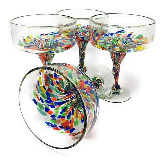 Hand Blown Margarita Glasses – Set of 4 Confetti Carmen – 16oz Mexican Glassware – Authentic Cocktail Glasses – Handmade Recycled Glass – Dishwasher Safe