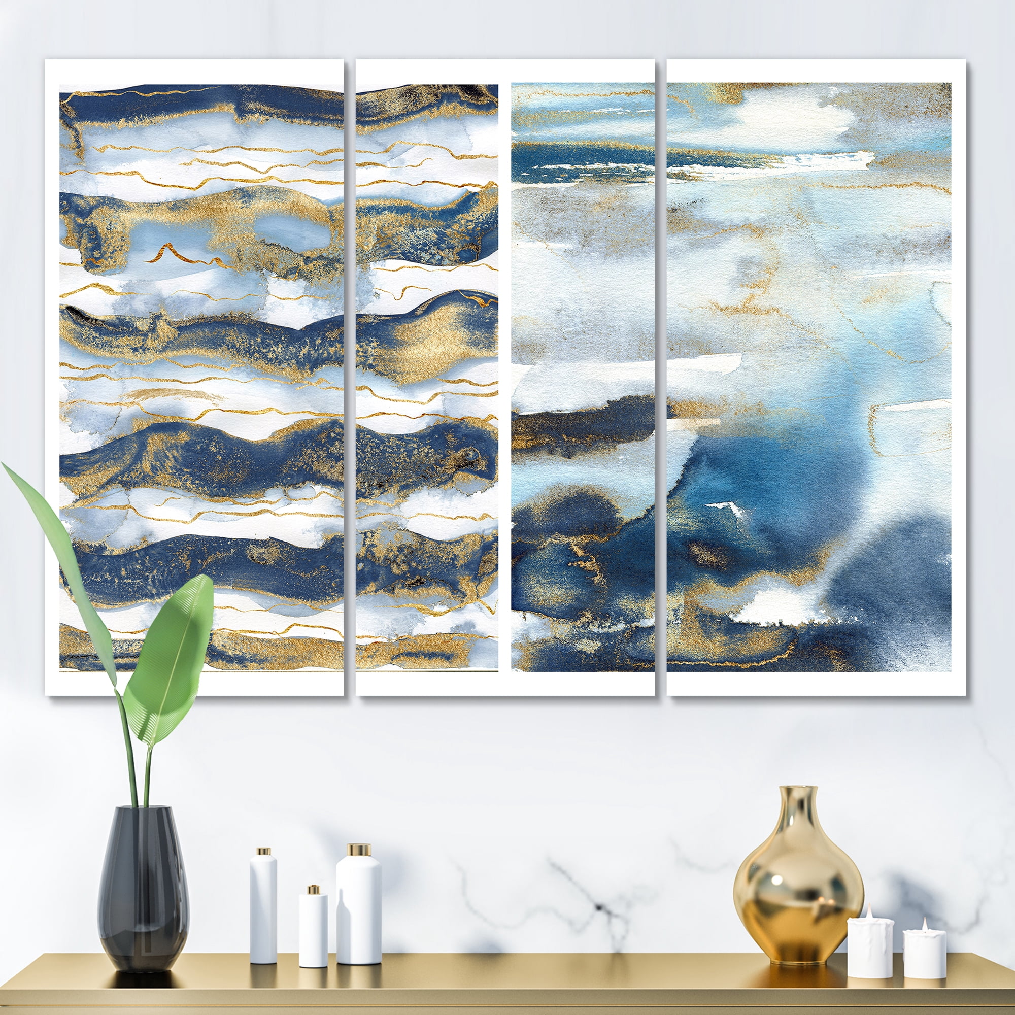 Designart ' Gold and Dark Blue Abstract Waves II ' Modern Canvas Wall Art Print