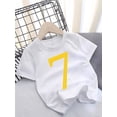 thumbnail image 1 of Girls' Summer Casual Cotton T-Shirt with Number 7 Print, Crew Neck, Knit Fabric Top with Random Pattern - 95% Cotton, 5% Spandex, 1 of 7