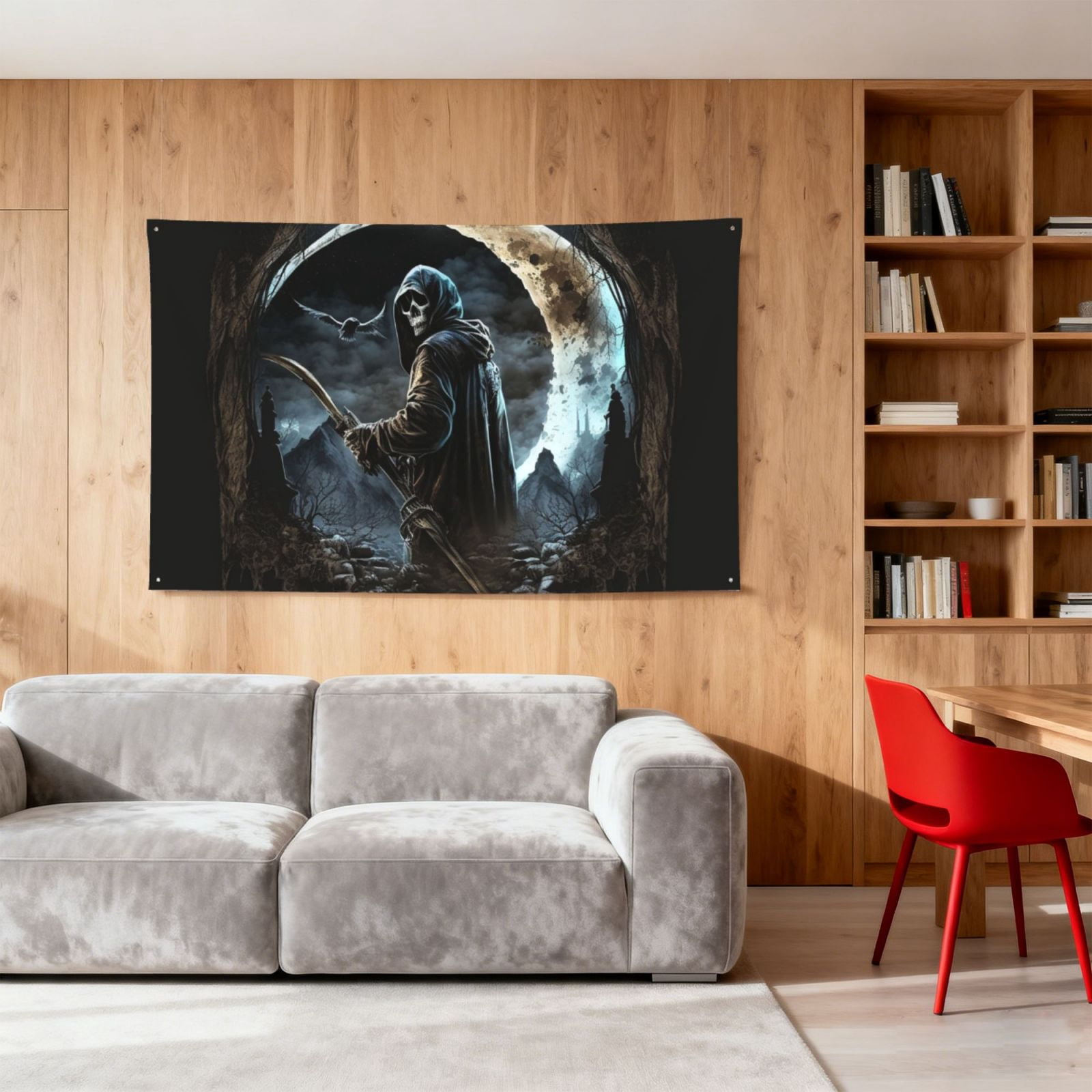 Cool Grim Reaper Night Skull Moon Four Hole Decorated Banner Flag for Garden Yard Home Decoration Indoor Outdoor 4x6 Ft
