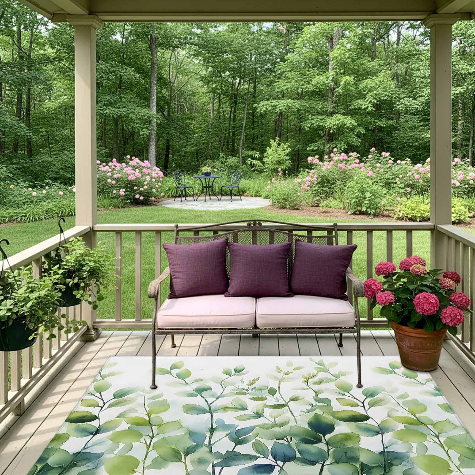 Outdoor Rug 5x8ft Watercolor Eucalyptus Leaves Large Area Rug Ombre Green Indoor Outdoor Carpet Outdoor Rugs Mats for Patio Camping,RV,Front Door, Outside Decor