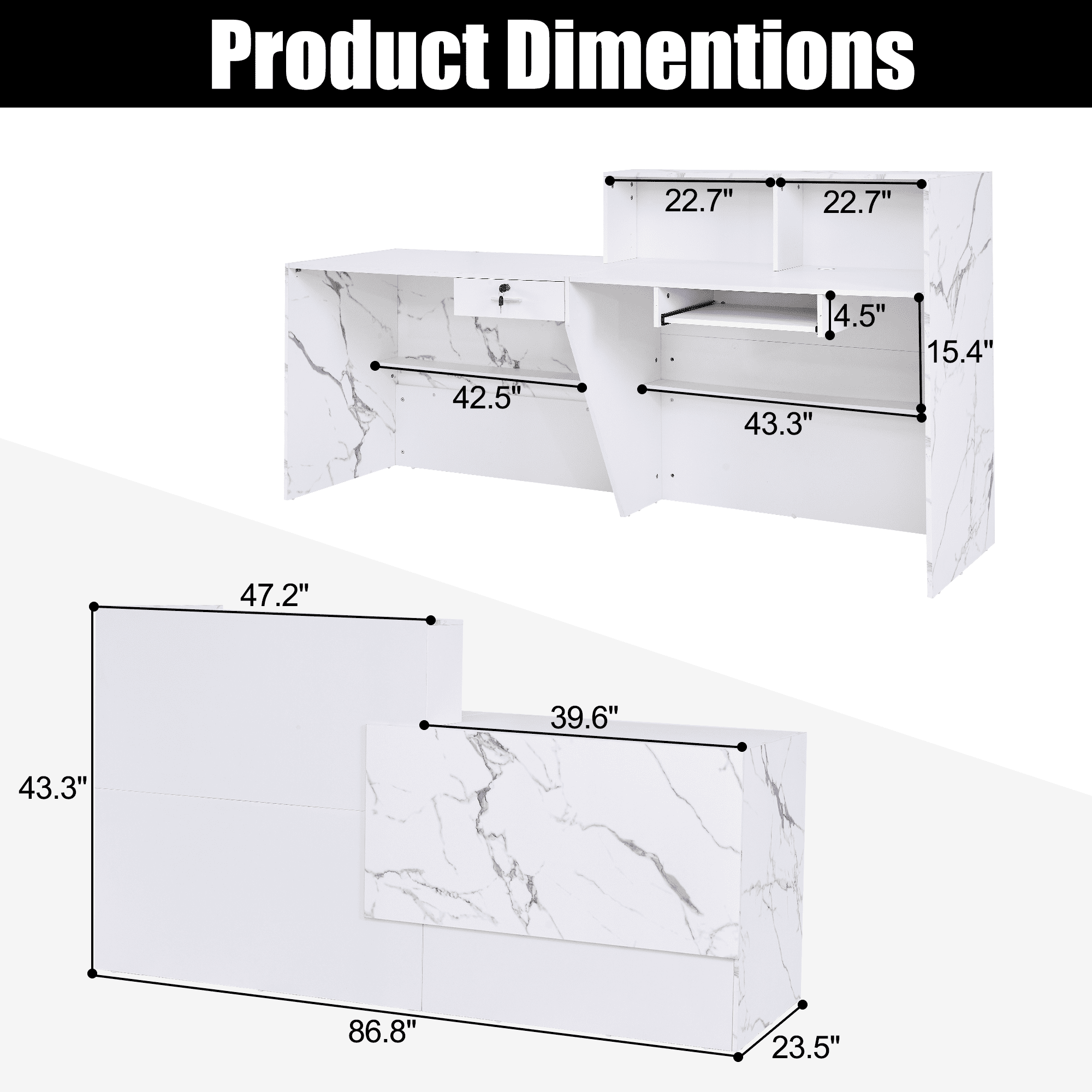 Haooyeah 86.8" Reception Desk with Lockable Drawer, Keyboard Tray, Storage Shelves & Cable Management, Marble Front Counter for Office, Hotel Lobby, Meeting Room