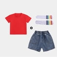 thumbnail image 2 of Babcutegg Denim Shorts and Matching Short Sleeve Top Set with Solid Color Socks – Unisex Casual Kids Fashion Outfit for Everyday Wear Red Size 9, 2 of 10