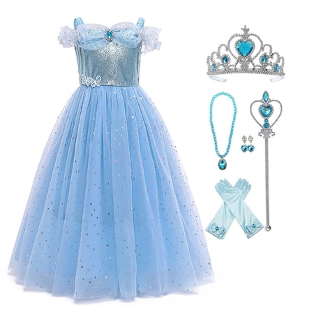 KAWELL Toddler Girls Princess Dress Costume with Rich Accessories Blue Sparkle Tulle Gown for Christmas Halloween Birthday Party Ages 3-10T