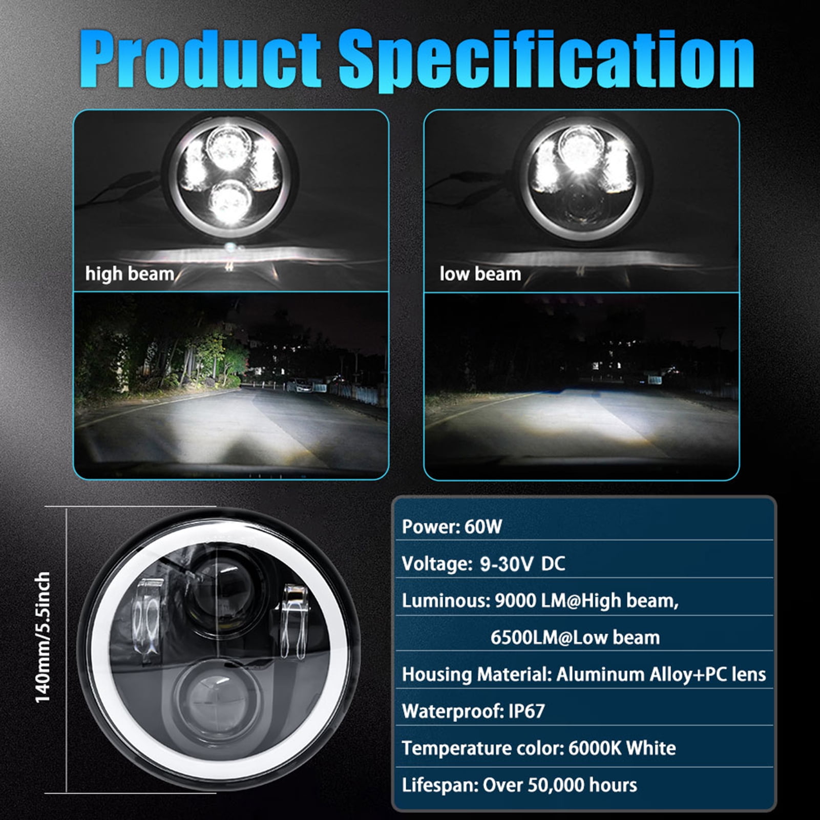 5-3/4" 5.75 inch Motorcycle LED Headlight with Hi/Lo Beam DRL Turn Signal 5.75 inch Round Angle Driving Light