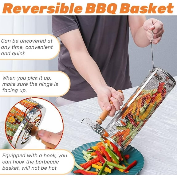 Grill Basket for Outdoor, Rolling Rotating Grilling Basket with Removable Wooden Handle and Stand, Stainless Steel Nesting Round Roller BBQ Accessories, for Vegetable Fish Meat, Grilling Gifts, 2Pcs