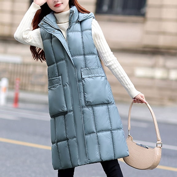 BEFOKA Women's Long Quilted Vests Hooded Maxi Length Sleeveless Puffer Vest Padded Coat Winter Outerwear Winter Jackets for Women