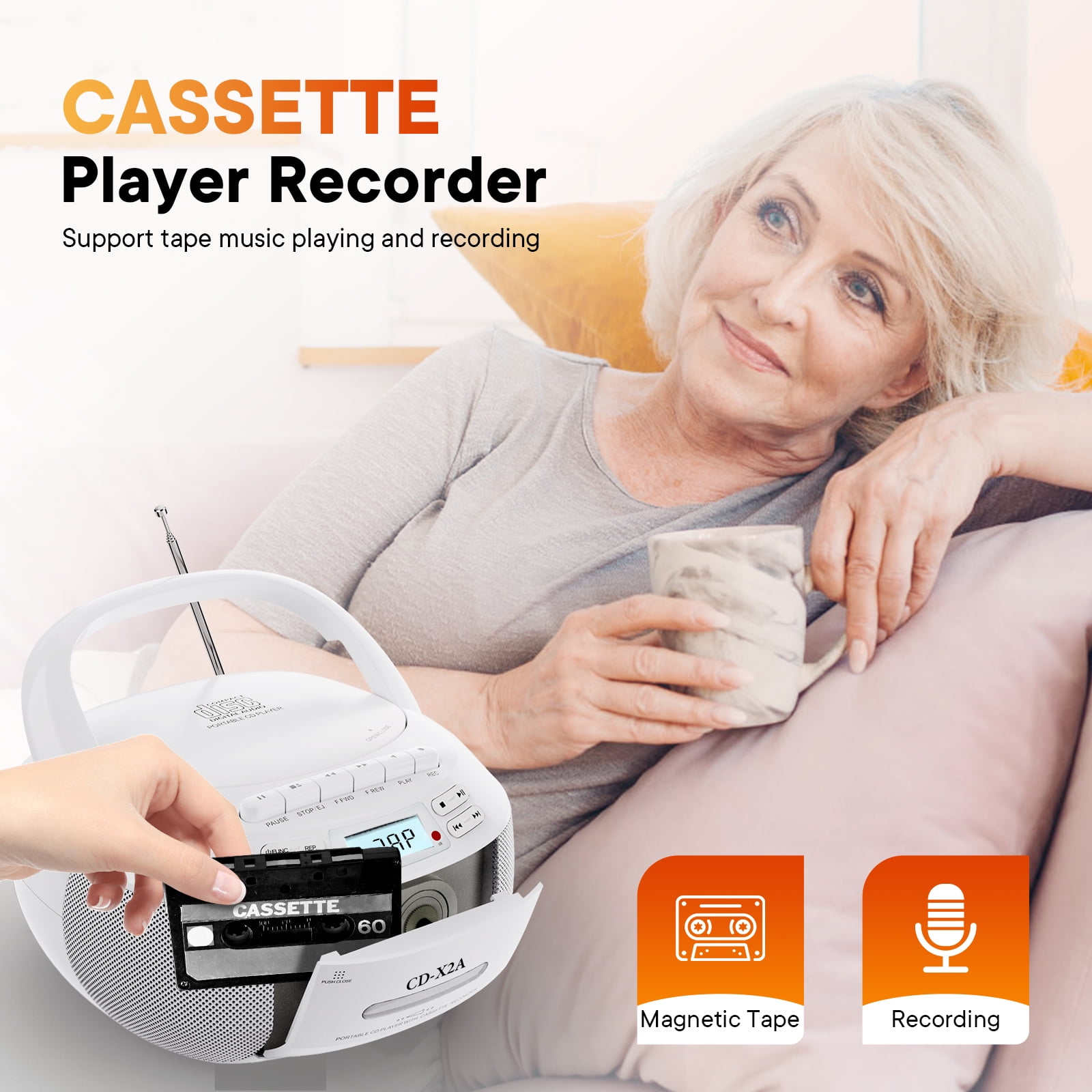 CD Player Boombox Cassette Player Combo with Bluetooth,AM/FM Radio,Stereo Sound with Remote Control,AUX/USB Drive,Tape Recording,AC/DC Powered,Headphone Jack,LCD Display for Home,Kids,Gift
