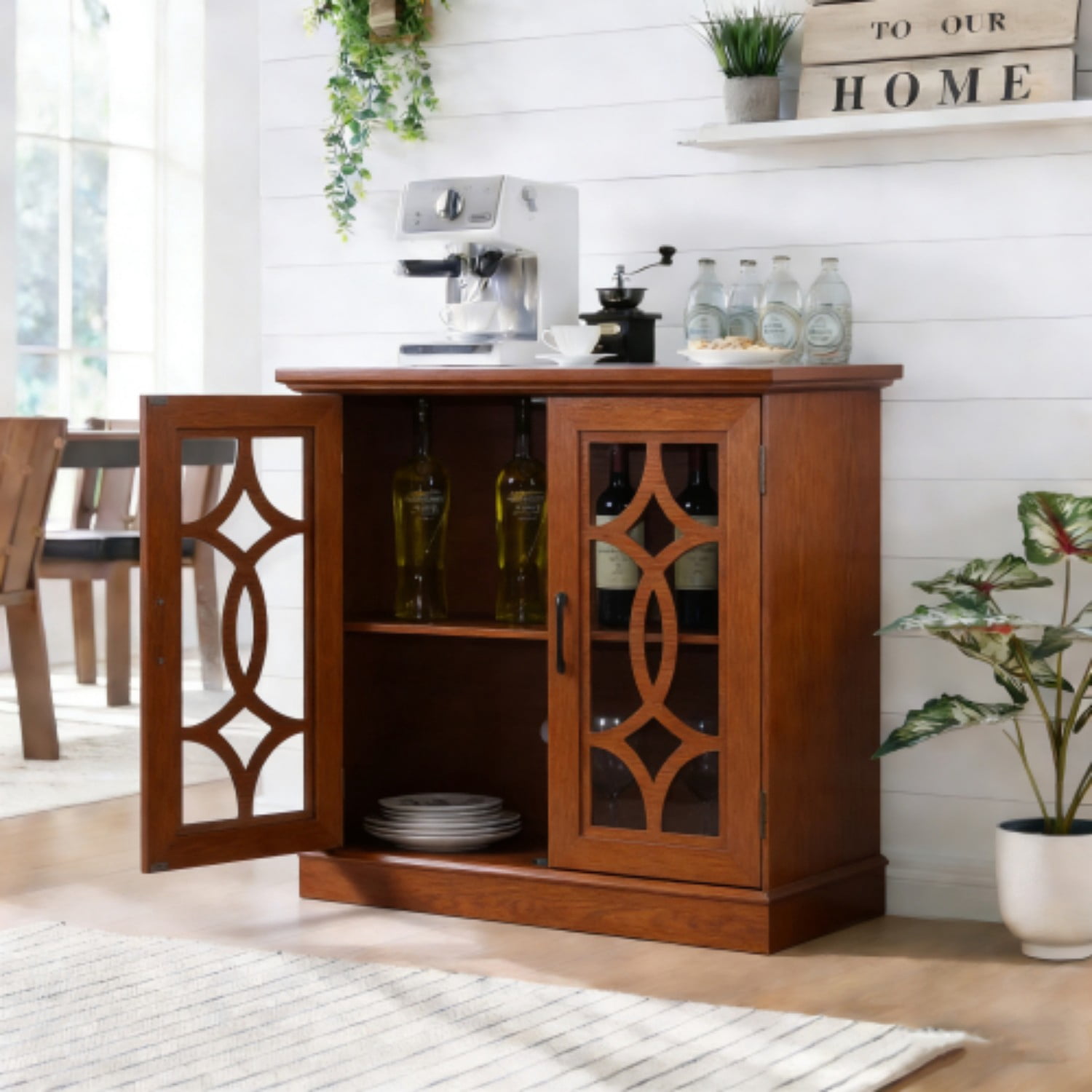 34.37" Modern Glass Door Sideboard Buffet Cabinet, MDF Storage Credenza with Adjustable Shelf, Tempered Glass Display Cabinet for Dining Living Room Kitchen, Dark Oak