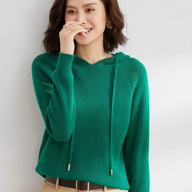 Pull à Capuche Automne et Hiver pour Femmes Manches Longues Mode Pull-Over Couleur Unie Décontracté Élégant