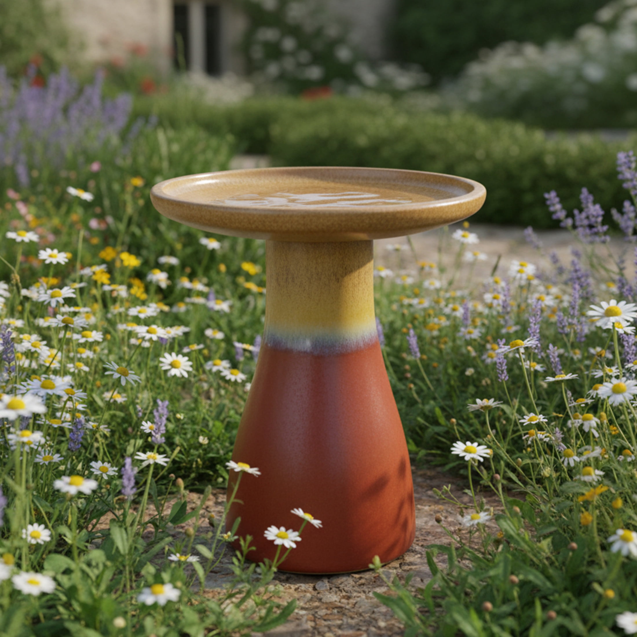 Sunnydaze Duo-Tone Freestanding Ceramic Outdoor Bird Bath, UV-Resistant Lemon Cognac Finish