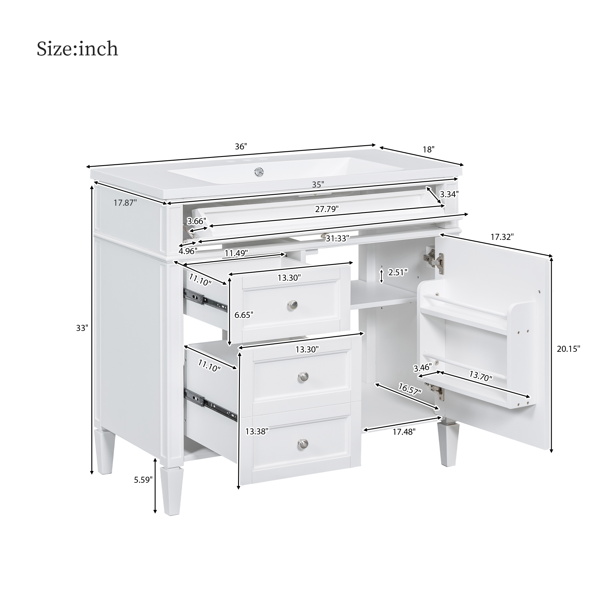 EUROCO 36'' Bathroom Vanity with Sink, Modern Bathroom Storage Cabinet with 2 Drawers and a Tip-out Drawer, Freestanding Bathroom Dresser, White
