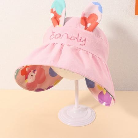 

〖TOTO〗Kids Hats Caps Kids Adjustable Chin Strap Sun Protection Hats Summer Spring Foldable Roll Up Wide Brim Hat Cute Cartoon Outdoor Beach Ponytail Bucket Cap
