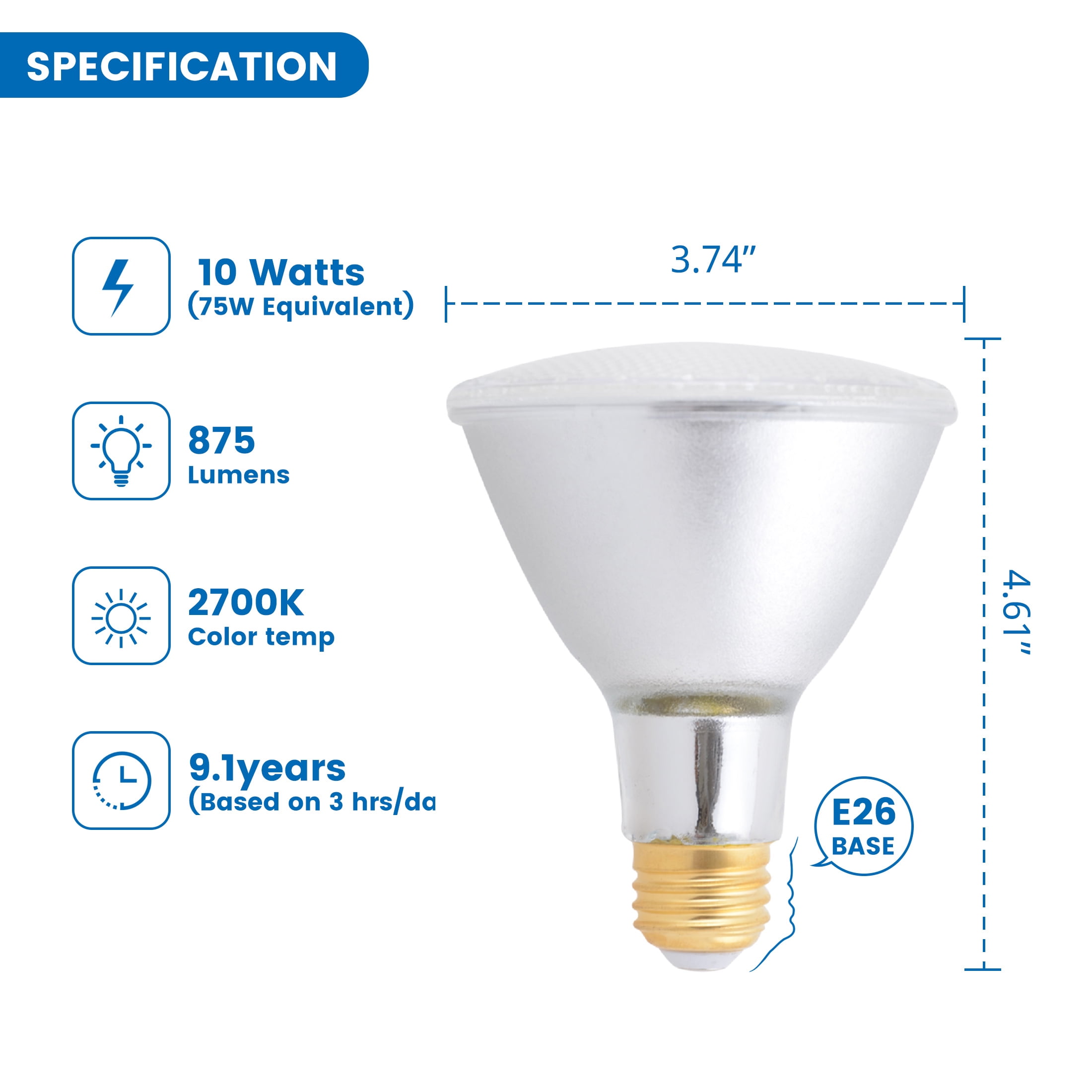 Great Value Brandclub Great Value LED Bulb 10 Watt 75W Equiv. PAR30 Dimmable Indoor Floodlight Bulb E26 Base Soft White 2PK CA