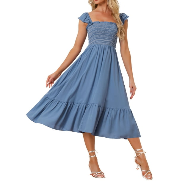 INSPIRAR CHIC Vestido de Verano para Mujeres con Cuello Cuadrado, Volantes, Vestido Midi Boho en Gris Azul Talla S