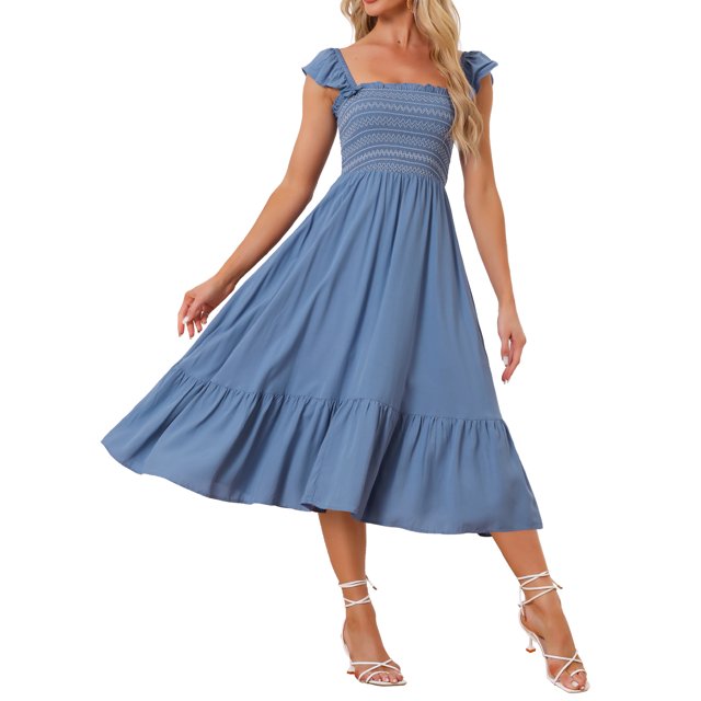 INSPIRAR CHIC Vestido de Verano para Mujeres con Cuello Cuadrado, Volantes, Vestido Midi Boho en Gris Azul Talla S