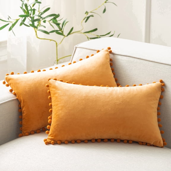 Phantoscope Orange Throw Pillow Covers 2 Pack, 12" x 20" Velvet Decorative Pillow Cases with Pom Poms, Soft Square Cushion Covers for Couch Sofa Bed