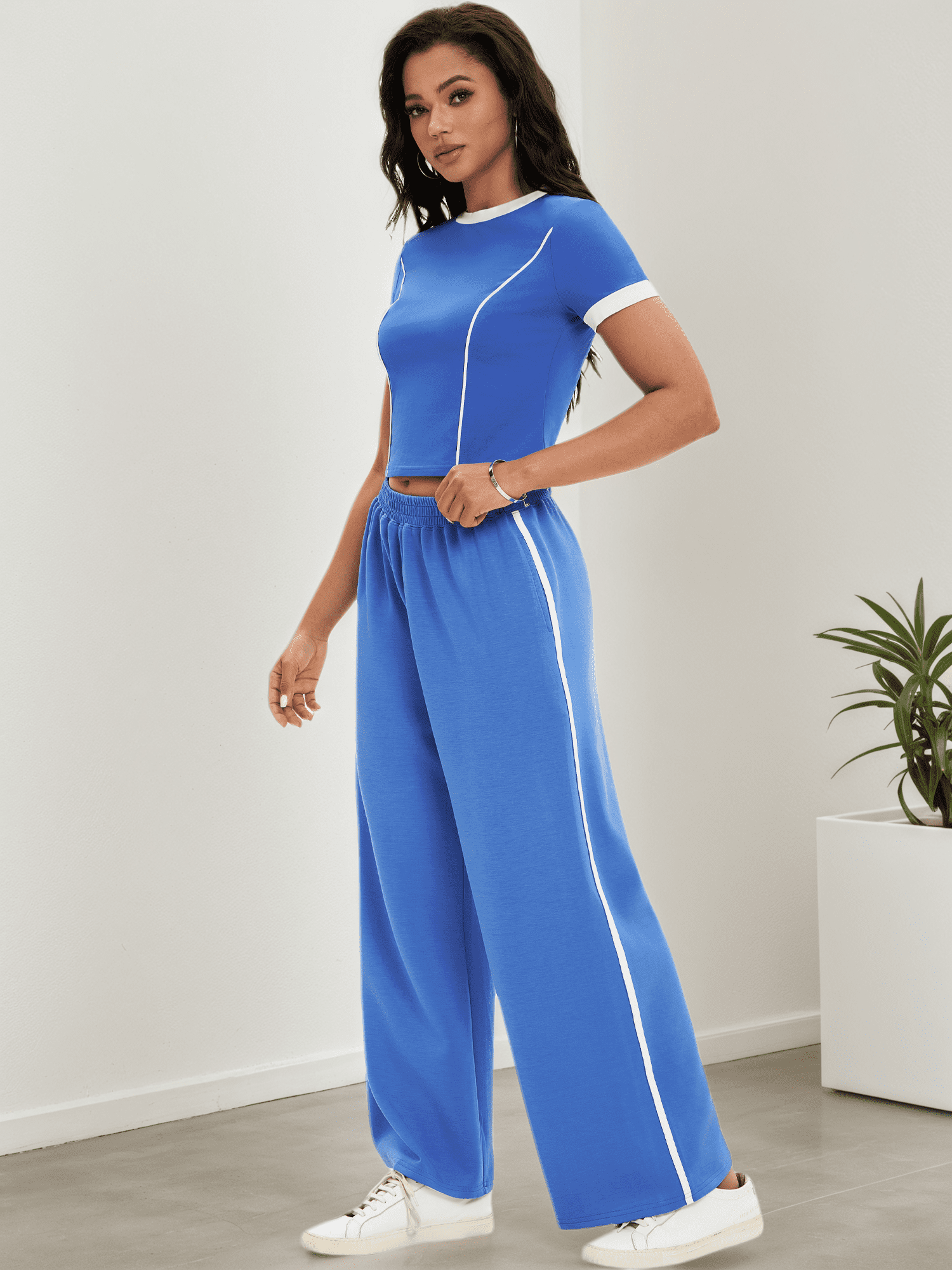 DARING DIVA Women 2 Pieces Set Crop Tops Wide Leg Pants Fall Outfits M Royal Blue