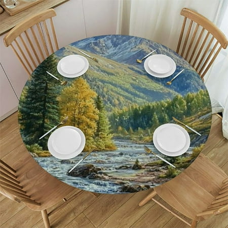 

Sheronv Mountain River Trees Round Table Cover Stain Resistant Washable Indoor Outdoor Tablecloth Kitchen Dining Wedding Parties 100% Polyester Table Cloth Tablecloths 42 -46