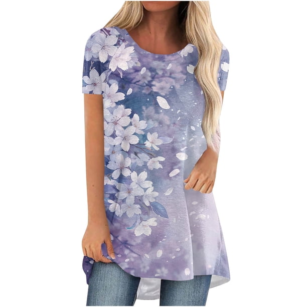 Camiseta de Cuello Redondo de Manga Corta de Raglan Impresa Casual para Mujeres con Espalda Corta Delantera Larga