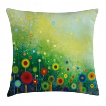 Watercolor Flower Home Decor Throw Pillow Cushion Cover, Retro Round Seasonal Blooms Floret Petal Cloudy Botany Scenery, Decorative Square Accent Pillow Case, 18 X 18 Inches, Green, by Ambesonne