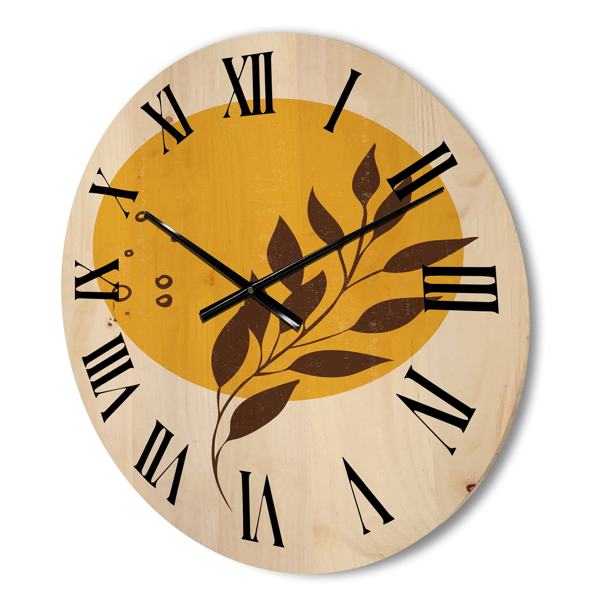 Designart 'Abstract Moon and Yellow Sun With Tropical Leaf II' Modern Wood Wall Clock
