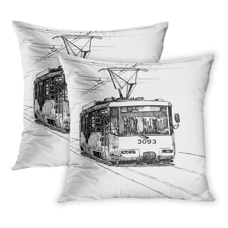 ECCOT Classical City Tram Black and White Drawing Pen and Ink Comic Dashed Doodle Drawn Engraving PillowCase Pillow Cover 20x20 inch Set of
