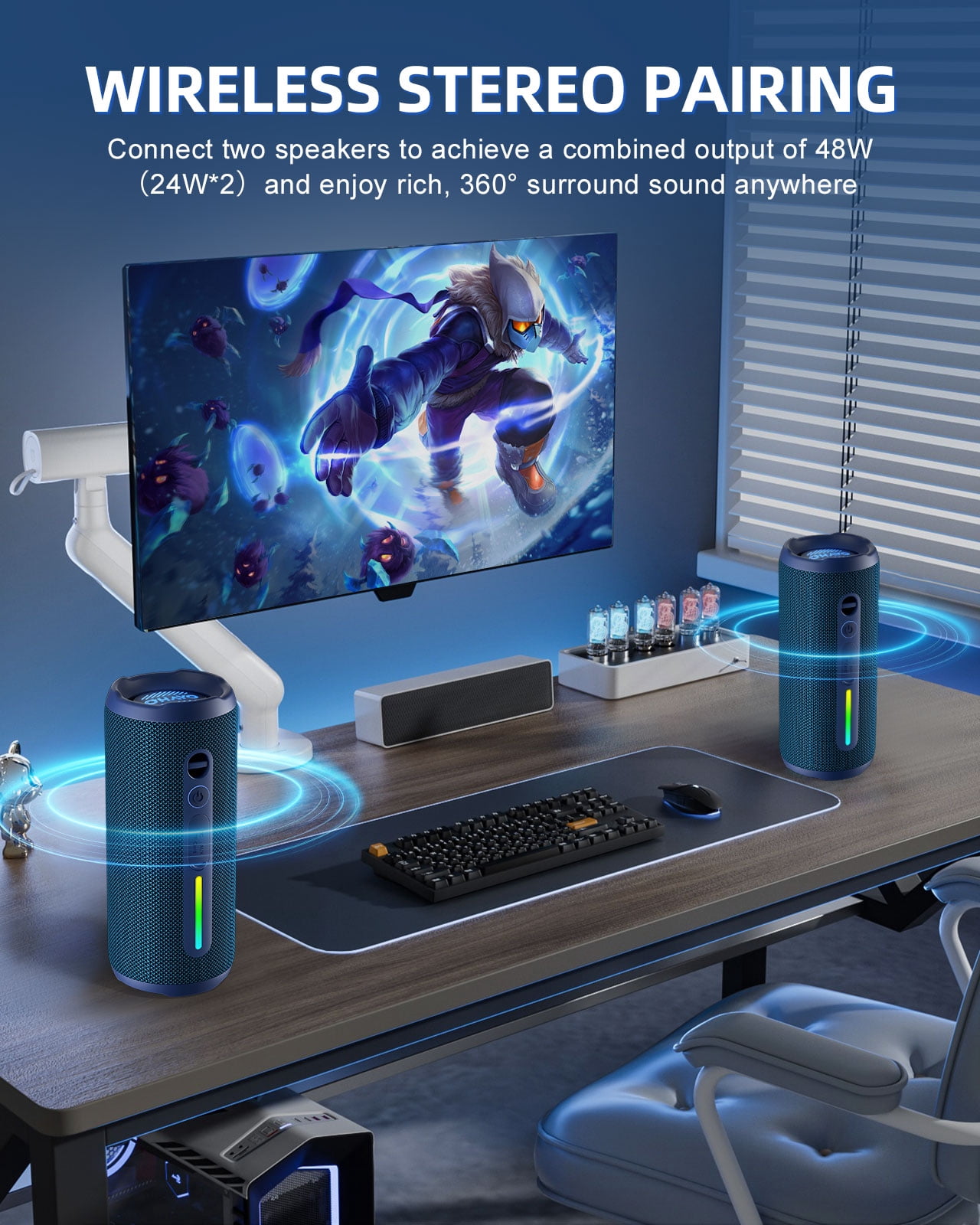 Portable Bluetooth Speaker, 24W Stereo Sound, IPX7 Waterproof, Bluetooth 5.3, RGB Lights, Dual Pairing, 30H Playtime for Outdoor Home Party