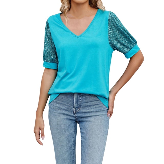 adviicd T-Shirts Graphiques pour Femmes T-Shirt d'Été pour Femmes T-Shirts Graphiques Mignons Amples Col Rond Manches Courtes Hauts Décontractés Bleu,L