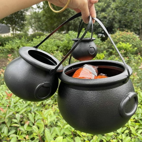 XIAOLE Halloween Decorations, Set Of 3 Witches Cauldron Serving Bowls , Black Plastic Hocus Pocus Candy Bucket Cauldron For Indoor Outdoor Home Kitchen Candy Holder Decor