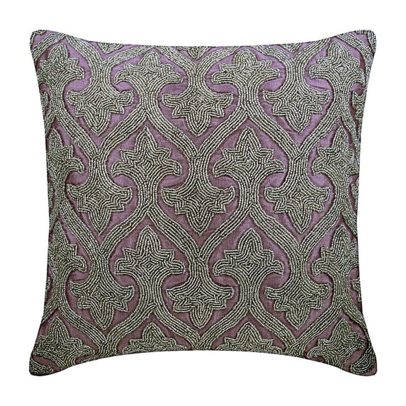 Purple Throw Pillow Cover, Square Bead Embroidered 18x18 inch (45x45 cm) Silk Pillow Cover for Bed, Sofa, Couch, Purple Pillow Cover 18x18 inch (45x45 cm), Contemporary - Azita