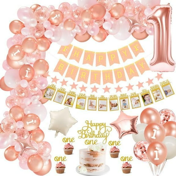 1st Birthday Party Decorations, Rose Gold First Birthday Party Decoration with Baby Month Photo Banner, Happy Birthday Banner, Rose Gold Latex Balloons