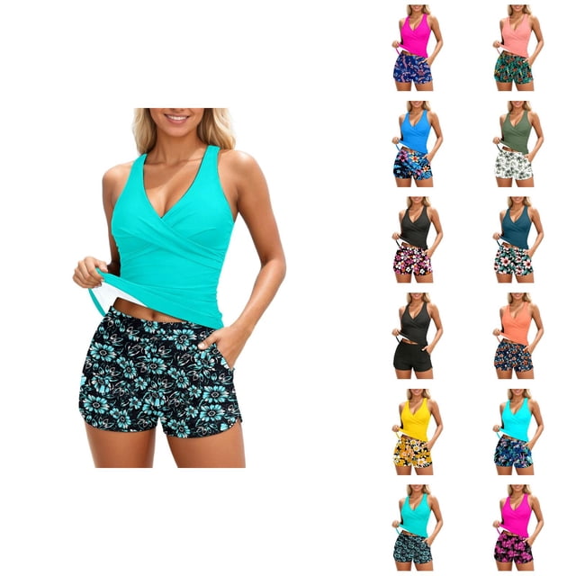 Womens Tankini Swimsuits 2026 Fashion Modest Deep V Neck Crossover Top with Swim Shorts Two Piece Bathing Suits Woman