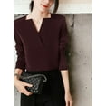 thumbnail image 5 of Niche Satin Design V-Neck Solid Color Puff Long-Sleeved Blouse, Burgundy, Large, 5 of 5