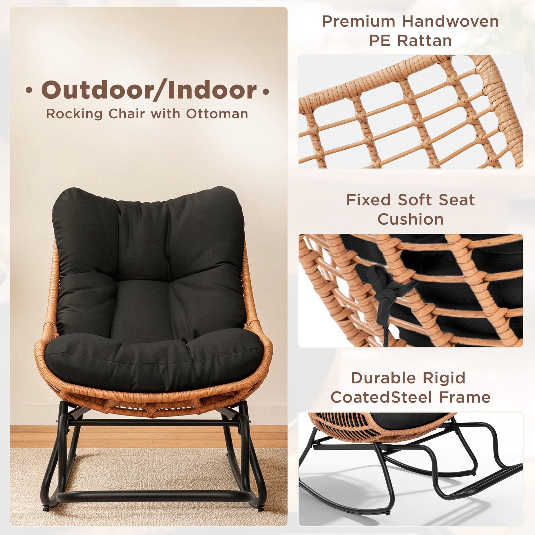 Tappio Rocking Papasan Chair with Adjustable Footrest, Outdoor Egg Rocking Chair with Thick Cushion and Steel Frame, Oversized Papasan Lounge Rocker for Garden, Porch, Living Room, Black
