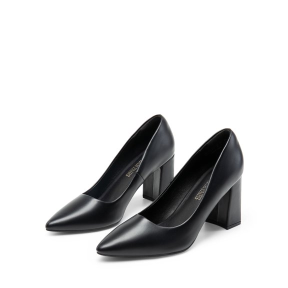 Burudani Women's High Chunky Heel Pump Closed Toe Block Heels Slip On Dress Pumps Shoes BLACK Size 6.5