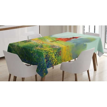 

Fantasy Art House Decor Tablecloth Lady in Floral Field Meadow to Old Castle before the Scary Mountain Rectangular Table Cover for Dining Room Kitchen 60 X 90 Inches Red Green by Ambesonne