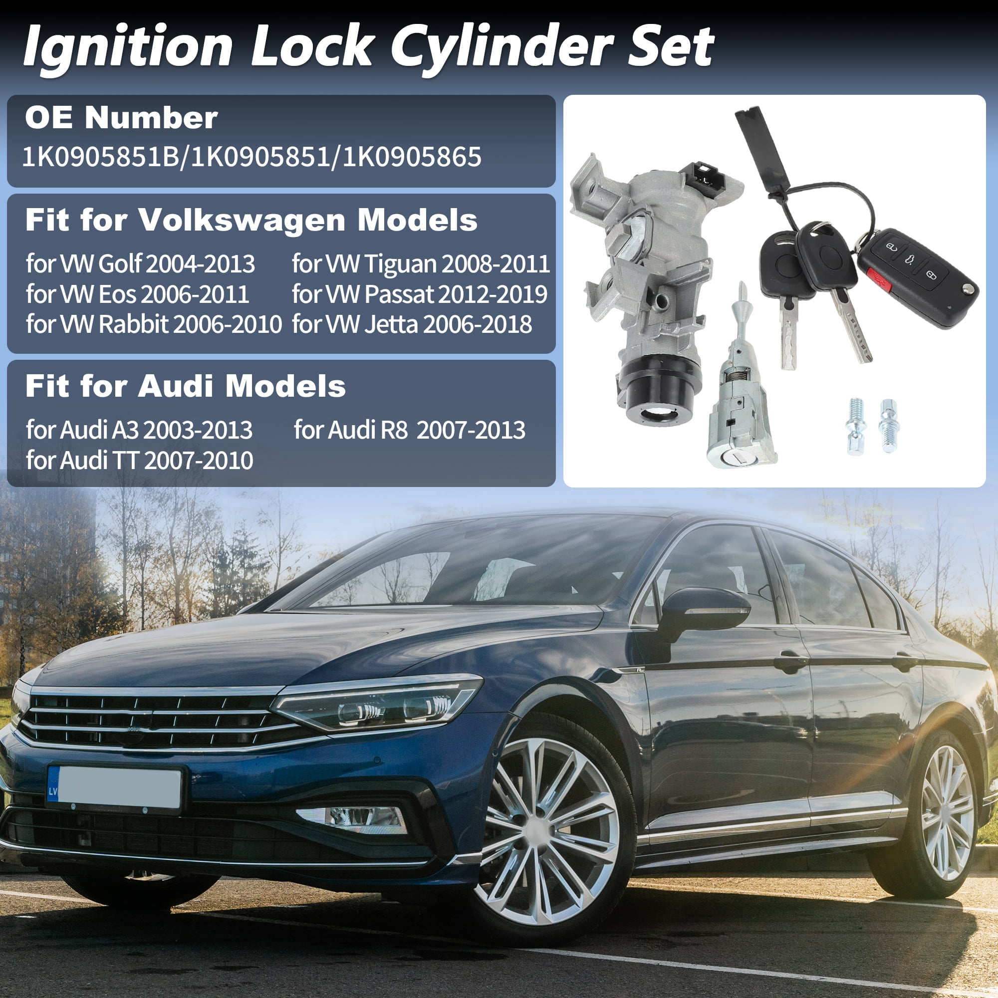 Unique Bargains No.1K0905851B/1K0905851 Ignition Lock Cylinder and Door Lock for Volkswagen Passat 2012-2019 for Audi A3 TT R8 Ignition Switch Cylinder W/ Remote Key