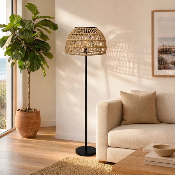 Rattan Floor Lamp, Dimmable Boho Arc Standing Lamp with Adjustable Rattan and Fabric Shades, Tall Farmhouse Reading Lamp for Living Room, Bedroom, Office and Reading Room, Bulb Included