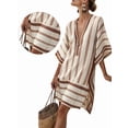 thumbnail image 2 of Women Beach Boho Color Block Swing Flowy Mini Dress Half Sleeve V Neck Side Slit Short Dress Brown S, 2 of 5
