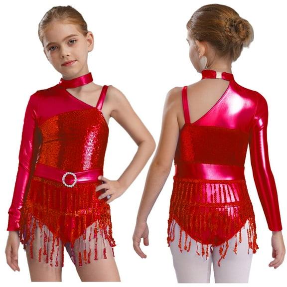 Sholeno Kids Girls Sequin Latin Dance Tassel Dress Leotard Shiny Asymmetrical Shoulder Fringe Skirted Bodysuit Red 12