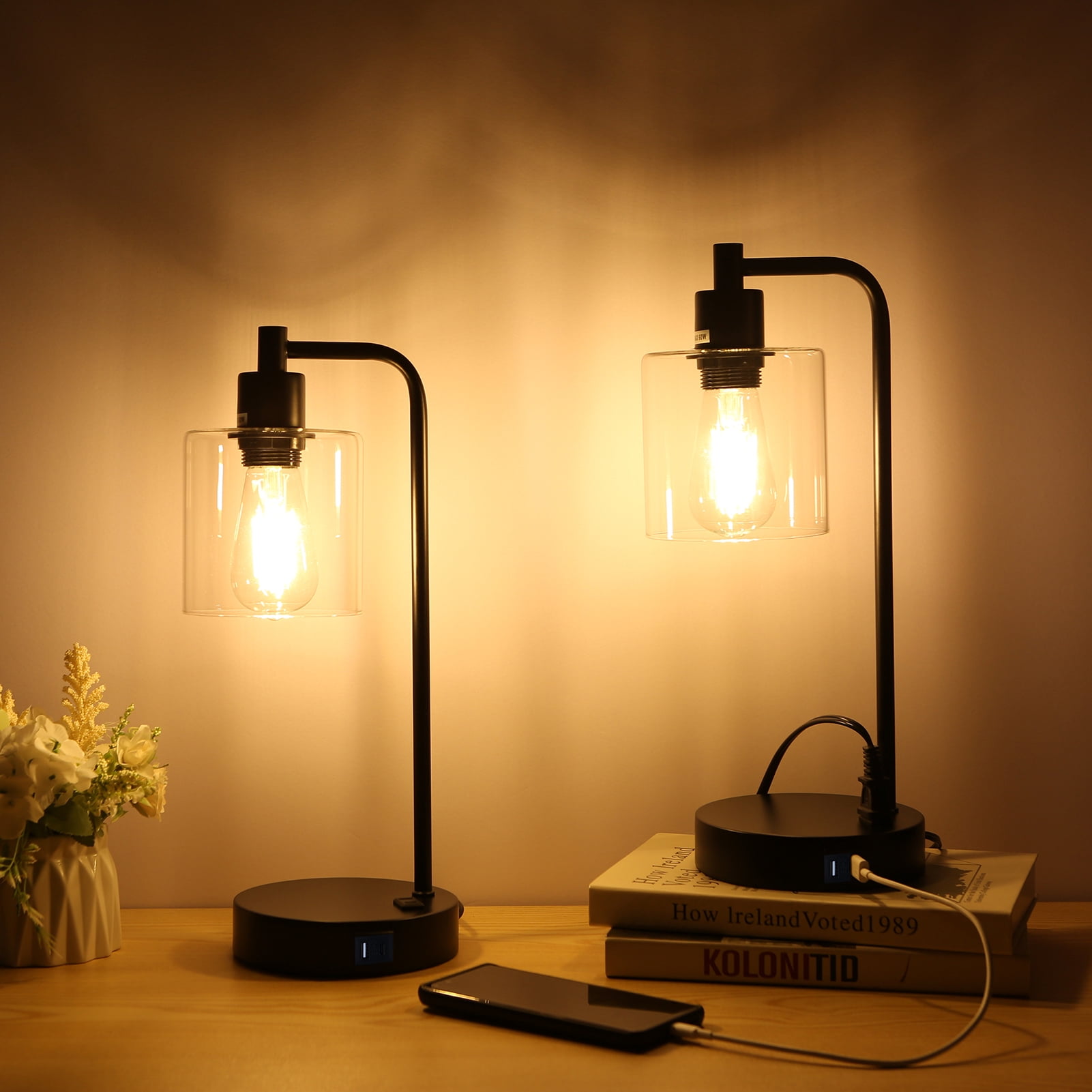 Nosilbek  Industrial Touch Table Lamps for Bedrooms Set of 2, 3-Way Dimmable Nightstand Lamps with USB C+A Ports and Outlet, Black Bedside Lamps with Glass Shade for Living Room Home Office