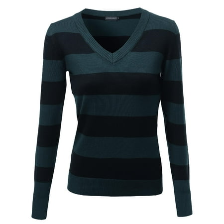 - FashionOutfit Women's Basic Cotton Based V-Neck Stripe Long Sleeves Knit Sweatshirt