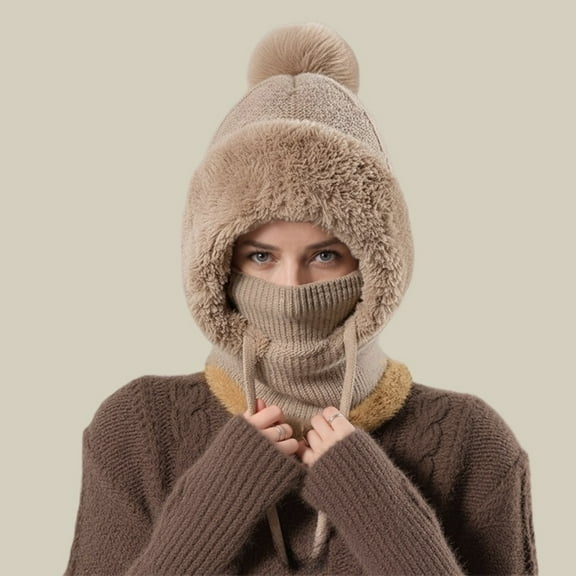 3 in 1 Beanie Hat for Women, Women's 3-in-1 Winter Beanie Hat with Ear Flaps, Neck Warmer & Face Mask 55cm-60cm Khaki Free