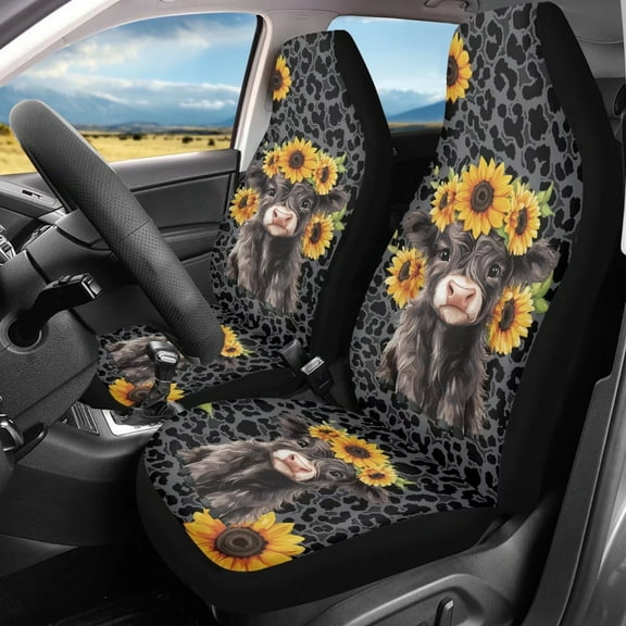 Binienty Leopard Highland Cow Automobile Seat Cover, Universal Seat Covers for Front Seat Cushion Pad Mat Vehicle Accessories Elastic Polyester Car Seat Protector Covers, 2 Pack