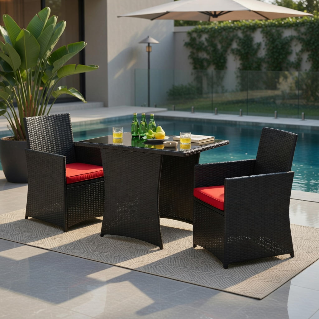 Hommoo 3-Piece Outdoor Rattan Patio Furniture Set with Red Cushions, Tempered Glass Table & Ergonomic Armchairs for Balcony, Porch, and Garden, Red