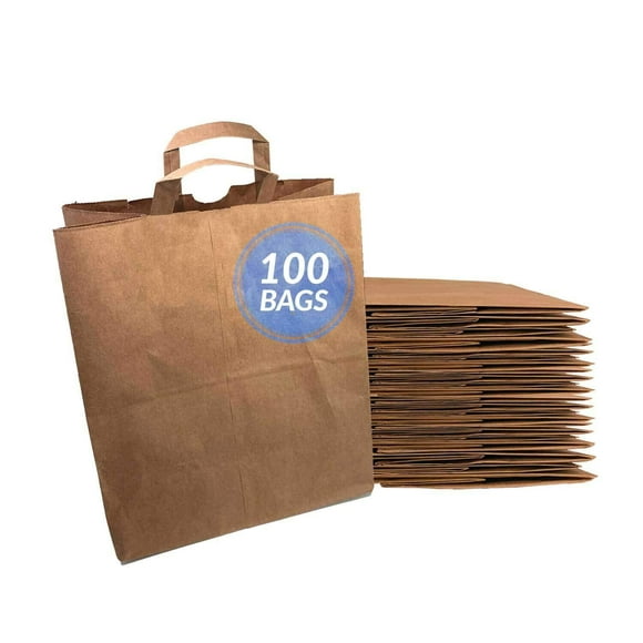 Reli. Paper Grocery Bags w/Handles (100 Pcs, Bulk)(12"x7"x14") Large Paper Grocery Bags, Shopping Bags w/Handles - Heavy Duty 57 Lbs Basis - Takeout/To Go Bags, Retail Bags,