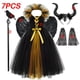 thumbnail image 3 of Vestido negro de maléfica para niños, disfraz de Halloween gótico de bruja oscura, vestido de tutú con capa de plumas, disfraz de hada de la Reina Malvada, 3 of 5