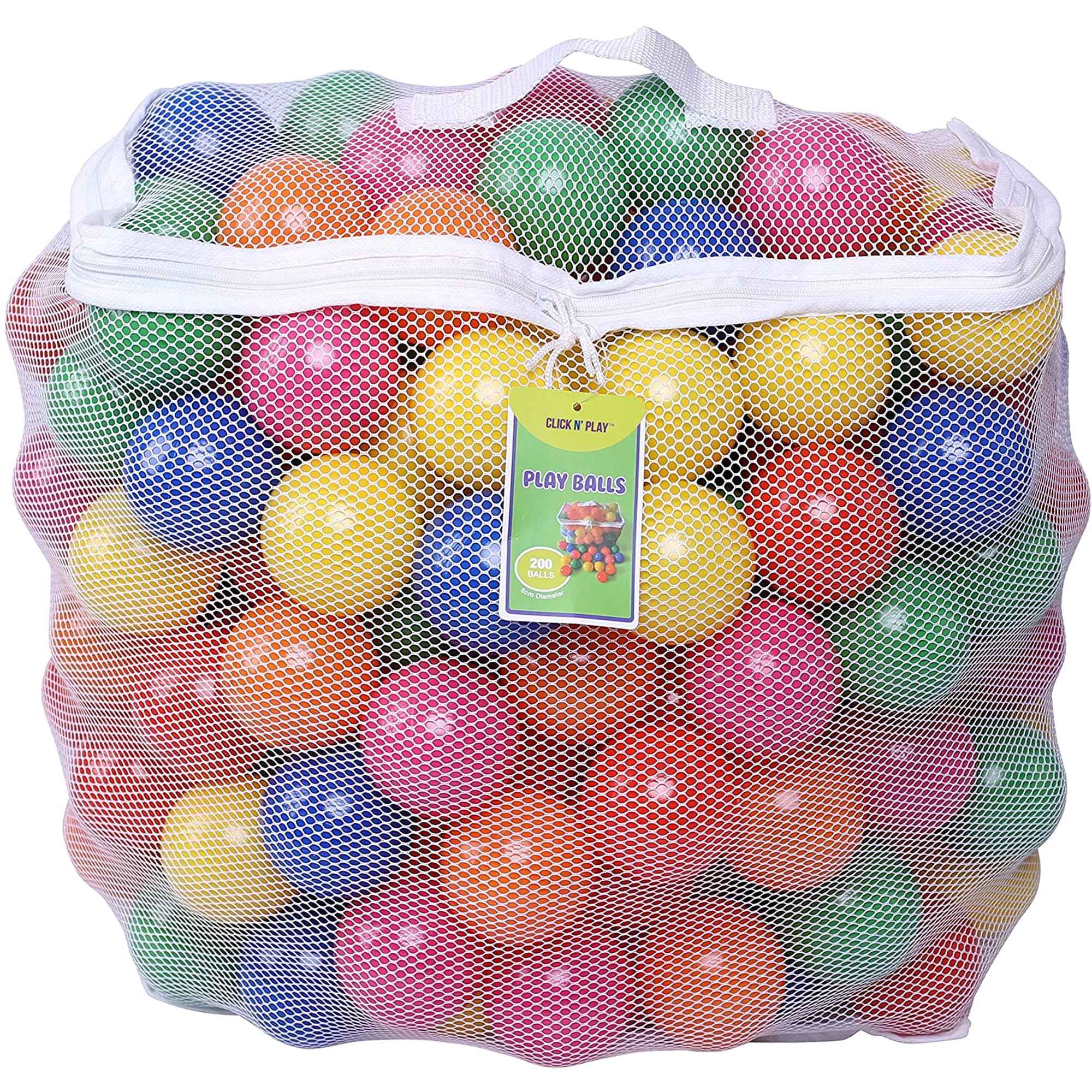 Click N' Play Pack of 200 Phthalate Free PBA Free Crush Proof Plastic Ball, Pit Balls - 6 Bright Colors in Reusable and Durable Storage Mesh Bag with Zipper